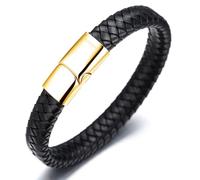 HALUKAKAH ● Solo ● Men's Genuine Black Leather Bracelet Classic Style Golden Titanium Clasp with Magnets 8.46"(21.5cm) with Free Giftbox