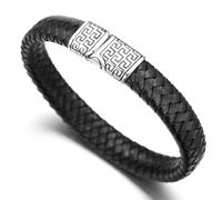 HALUKAKAH ● Solo ● Men's Genuine Black Leather Bracelet Titanium Clasp with Magnets 8.46"(21.5cm) - with Giftbox