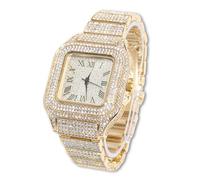 HALUKAKAH Square Dial Diamonds Gold Watch Iced Out, Men's 18k Real Gold Plated Quartz Wristband 24cm, Free Giftbox