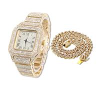 HALUKAKAH Square Dial Diamonds Gold Watch Iced Out, Men's 18k Real Gold Plated Quartz Wristband 24cm, with Cuban Link Necklace 45cm, Free Giftbox