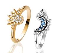 Halukakah Sun and Moon Celestial Ring Set: 18k Real Gold or Platinum Plating Shimmering Sun and Blue Moon Rings, Friendship Promise Rings, Stackable Celestial Jewelry, Gift for Women and Girls, Size 7