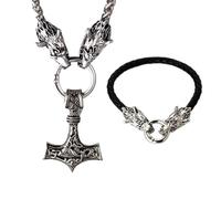 HALUKAKAH Viking Thor's Hammer Necklace & Braided Leather Cuff Bracelet Set - 60cm Necklace + 21cm Rope Bracelet - Antiqued Sterling Silver Tone Titanium Steel Pendant - Norse Mythology Male Present