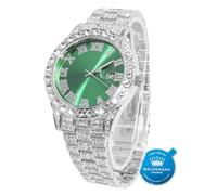 HALUKAKAH Watch for Men - The Royal - 42MM Width Green/Blue/Red Dial | 18K Real Gold/Platinum White Gold Plated & Handset Diamonds Iced Out, Wristband 22cm, with Cuban Link Chain 20cm/45cm Options