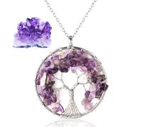 HALUKAKAH Women's Crystals and Healing Stones Necklace Platinum Plated Brass Wire Natural Amethyst Quartz Purple Handmade Winding Tree of Life Pendant 5cm Chain 50cm
