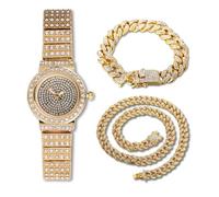 HALUKAKAH Women's Diamond Bracelet Watch,18k Gold Plated,Full of Diamonds Sparkling Starry,Round Dial Design,Elegant Casual,Stainless Steel Band Quartz Watch,with Cuban Chains 18+40cm,Present for her