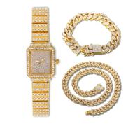 HALUKAKAH Women's Diamond Bracelet Watch,18k Real Gold Plated,Full of Diamonds Sparkling Starry,Rectangle Dial Design Elegant,Casual,Stainless Steel Band Quartz Watch,with Cuban Chains 18+40cm