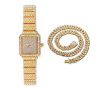 HALUKAKAH Women's Diamond Bracelet Watch,18k Real Gold Plated,Full of Diamonds Sparkling Starry,Rectangle Dial Design Elegant,Casual,Stainless Steel Band Quartz Watch,with Cuban Chain 40cm