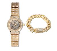 Halukakah Women's Diamond Bracelet Watch,18k Real Gold Plated,Full of Diamonds Sparkling Starry,Round Dial Design,Elegant Casual,Stainless Steel Band Quartz Watch,with Cuban Chain 18cm,Present for her