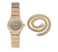 Halukakah Women's Diamond Bracelet Watch,18k Real Gold Plated,Full of Diamonds Sparkling Starry,Round Dial Design,Elegant Casual,Stainless Steel Band Quartz Watch,with Cuban Chain 40cm,Present for her