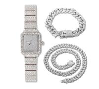HALUKAKAH Women's Diamond Bracelet Watch,Platinum Plated,Full of Diamonds Sparkling Starry,Rectangle Dial Design,Elegant Casual,Stainless Steel Band Quartz Watch,with Cuban Chains 18+40cm