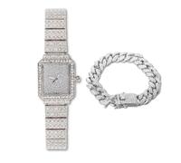 HALUKAKAH Women's Diamond Bracelet Watch,Platinum Plated,Full of Diamonds Sparkling Starry,Rectangle Dial Design,Elegant Casual,Stainless Steel Band Quartz Watch,with Cuban Chain 18cm