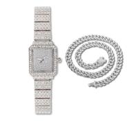 HALUKAKAH Women's Diamond Bracelet Watch,Platinum Plated,Full of Diamonds Sparkling Starry,Rectangle Dial Design,Elegant Casual,Stainless Steel Band Quartz Watch,with Cuban Chain 40cm