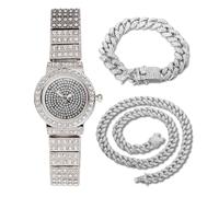 HALUKAKAH Women's Diamond Bracelet Watch,Platinum Plated,Full of Diamonds Sparkling Starry,Round Dial Design,Elegant Casual,Stainless Steel Band Quartz Watch,with Cuban Chains 18+40cm,Present for her