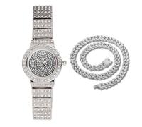 HALUKAKAH Women's Diamond Bracelet Watch,Platinum Plated,Full of Diamonds Sparkling Starry,Round Dial Design,Elegant Casual,Stainless Steel Band Quartz Watch,with Cuban Chain 40cm,Present for her