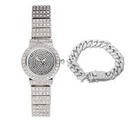 HALUKAKAH Women's Diamond Bracelet Watch,Platinum Plated,Full of Diamonds Sparkling Starry,Round Dial Design,Elegant Casual,Stainless Steel Band Quartz Watch,with Cuban Chain 18cm,Present for her