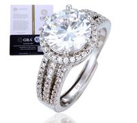 HALUKAKAH Women's Moissanite Ring D3.0 ct in Platinum-plated 925 Silver with Certificate, Prong Bridal Set Round Halo Lab Diamond Ring, for Engagements, Weddings, and Birthday, Adjustable Size