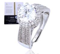 HALUKAKAH Women's Moissanite Ring D3.0 ct in Platinum-plated 925 Silver with Certificate, Prong Bridal Set Round Halo Lab Diamond Ring, Adjustable Size, Present for Wife, Girlfriend, Mom, Daughter