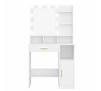 HaluPeit Dressing Table with Mirror and 10 Bulb Lights, Vanity Table, Makeup Vanity with 3 Shelves & 4 Open Compartments, Large Drawer & Cabinet, Adjustable Lighting Brightness, White