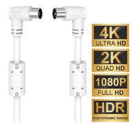 Hama 10m 90° Angled Coaxial Cable 90 dB 4K HDR HD TV White 205059
