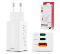 Hama GaN Quick Charge, 2 USB-C PD, 1 USB-A QC, Mini Charger, 65W, White