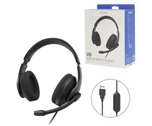 Hama HS-USB300 V2 Black Over Ear PC Headset with Microphone, Wired, USB A Port, Aux, 2 m Audio Cable, Volume Control, Mute Button, Comfortable Ear Cups, Flexible Microphone Arm, 30 grams, Black