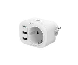 Hama Multiple Socket, 4-in-1 Plug Charger:1 AC Outlet,1 USB-C PD and 2 USB-A Ports,Power Wall Socket Compatible with iPhone/iPad, Ideal for Bedroom, Office, Home, 16A/4000