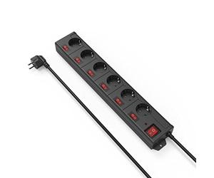 Hama Power strip can be switched individually, with surge protection (6-way multi-socket, wall mounting, 90° rotated, XL extra large socket spacing, 1.4m cable length) black
