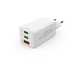 Hama Schnellladegerät, 2x USB-C PD, 1x USB-A QC, Mini-Ladegerät, 65W, Weiß USB-L