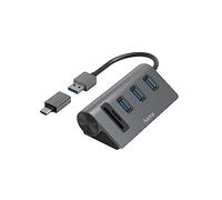 Hama USB Hub and Card Reader 5 Ports (3 x USB-A, 1 x SD, 1 x MicroSD with USB-C Adapter, up to 5 Gbps, Connection for Mouse, Keyboard, Memory Card etc., USB Adapter for Office, Home Office) Aluminium