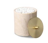 HAMAKAWA Qtip Holder with Brass Lid, Beige Travertine Cotton Swab Jars, Modern Round Marble Canister, Small Apothecary Storage Jars for Bathroom, Bedroom, Vanity, Kitchen Cabinet