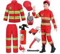 Hamanasu Fireman Costume Kids Fire Firefighter Dress-Up Set with Firefighter Toys Accessories Role Play Costumes for Boys Girls Fireman Outfits Fire Chief Halloween Carnaval Cosplay Costume,Red 100cm