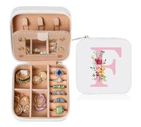 hamatata Jewellery Box with Initial Name F and Flower Box Travel Jewellery Box Mini Jewelry Organizer with Mirror Women Girls Small Birthday Gift Bridesmaid Christmas Proposal, White