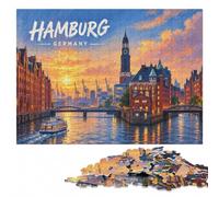 Hamburg Skyline at Dusk Adult Wood Puzzle, Picture Jigsaw, 1000 Pieces | Visual matching and sorting: an activity that can be paused and resumed alone or together.