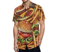 Hamburger And French Fries Men's Button Down Shirt Casual Short Sleeve Shirts Beach Summer Shirt with Pocket