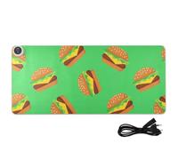 Hamburger Green Print Heated Desk Mat Large Heated Desk Blotter Pads Mats with 3 Heating Levels PU Leather Computer Accessories for Work Decor, 35.4x15.7in
