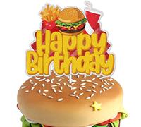 Hamburger Happy Birthday Cake Topper Gold Glitter Hot Dog Bun Bread Hamburger Dachshund Cake Decorations Food BBQ Cheeseburger French Fries Day Fast Food Themed Party Supplies