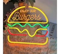 Hamburger Neon Sign with Dimmer Switch for Restaurant, Shop, Bar, Pub, Burger Neon Lights for Home, Bar, Restaurant, and Cafe Decor