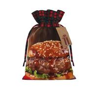 Hamburger Steak Fast Food Christmas Gift Bags with Tags & Ribbon Ties, Xmas Drawstring Candy Treat Bag Buffalo Plaid Christmas Gifts Sacks Reusable Gift Wrapping Bags for Holiday Party Favors Medium