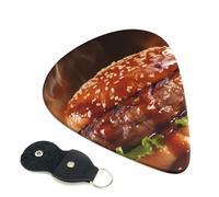 Hamburger Steak Fast Food Guitar Picks 6 Pcs, 0.46mm Thickness Celluloid Plectrum with Leather Picks Holder, Personalized Guitar Pick for Bass Electric Acoustic Guitars Lovers Gift