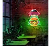 Hamburger UFO Neon Sign Alien Abduction Funny Burger Light for Diner Cafe Bar Decor Space Food Art LED Wall Display Gift for Food Lovers