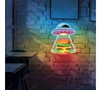 Hamburger UFO Neon Sign Alien Abduction Funny Burger Light for Diner Cafe Bar Decor Space Food Art LED Wall Display Gift for Food Lovers