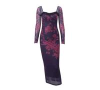 Hameadner Women'S Long Skirt Waist High Pleated Print Long Sleeve Dress Vintage Lace Patchwork Slim Dresses L Purple