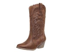 Hamesk Women's Silver Cowboy Boots, Pointy Toe, Mid Calf, Chunky Heel, Wide Calf, Faux Suede, Pull-On, Suede Lining, Rubber Sole, Casual, Everyday Wear, Social Occasions, Brown, 8 UK