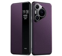 HAMEXLN Leather Case for Huawei Pura 80 Ultra/80 Pro +/80 Pro/80, Clear View Window Magnetic Flip Business Protective Cover Carbon Fiber Texture,Purple,80 Pro