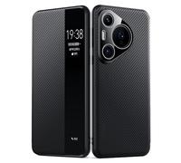 HAMEXLN Leather Case for Huawei Pura 80 Ultra/80 Pro +/80 Pro/80, Clear View Window Magnetic Flip Business Protective Cover Carbon Fiber Texture,Black,80 Ultra