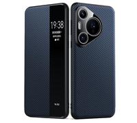HAMEXLN Leather Case for Huawei Pura 80 Ultra/80 Pro +/80 Pro/80, Clear View Window Magnetic Flip Business Protective Cover Carbon Fiber Texture,Blue,80