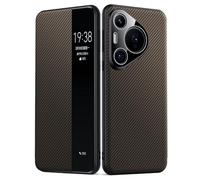HAMEXLN Leather Case for Huawei Pura 80 Ultra/80 Pro +/80 Pro/80, Clear View Window Magnetic Flip Business Protective Cover Carbon Fiber Texture,Brown,80 Pro