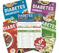 HAMIEW 5 Pack Diabetes Food List Chart & 80+ Meal Planner Recipes for Beginner, Laminated Diabetes Diet Plan for Type 1 & 2, Food To Eat - Avoid w/Serving Size, Glycemic Index (GI), Net Carbs Calories