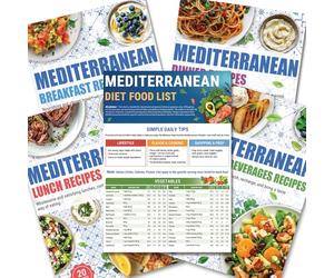 HAMIEW 5 Pack Mediterranean Diet Chart Food List 2026, 80+ Easy Meal Planner Recipes for Beginner (Laminated), Mediterranean Ingredient Meal Plan, Serving Sizes Calories Net Carbs, Diabetes-Friendly