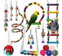 Hamiledyi Bird Parrot Swing Chewing Toy Set 15PCS Wooden Hanging Bell with Hammock Climbing Ladders Colorful Pet Birds Cage Toys for Small Parakeet Cockatiel Conures Finches Budgie Macaws Love Birds